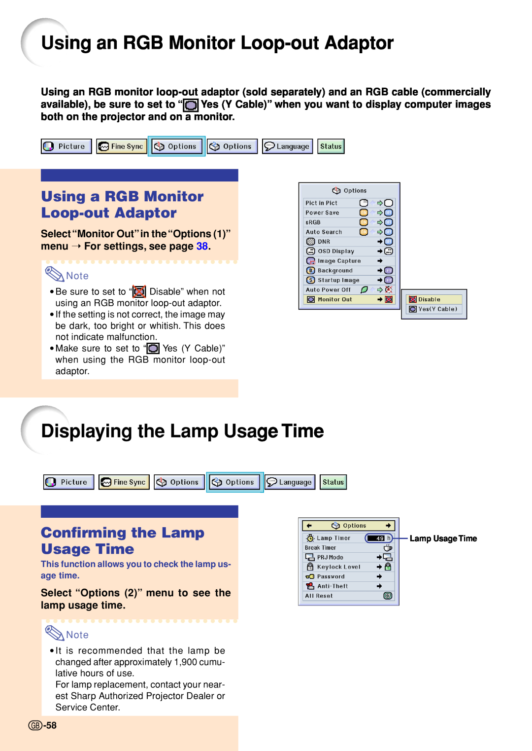 Sharp PG-M20S Using an RGB Monitor Loop-out Adaptor, Displaying the Lamp Usage Time, Using a RGB Monitor Loop-out Adaptor 