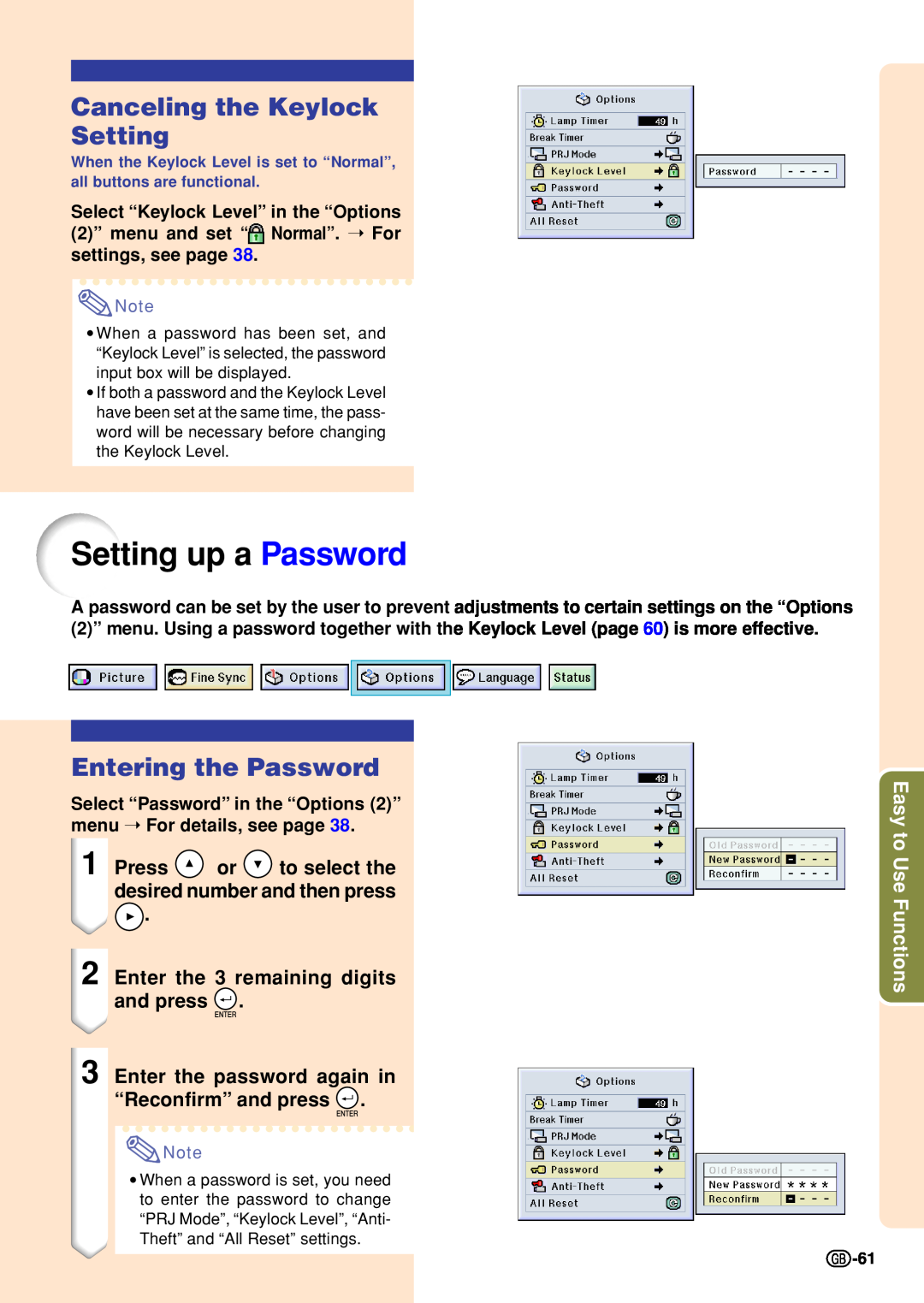 Sharp PG-M20S Setting up a Password, Canceling the Keylock Setting, Entering the Password, Easy to Use Functions 