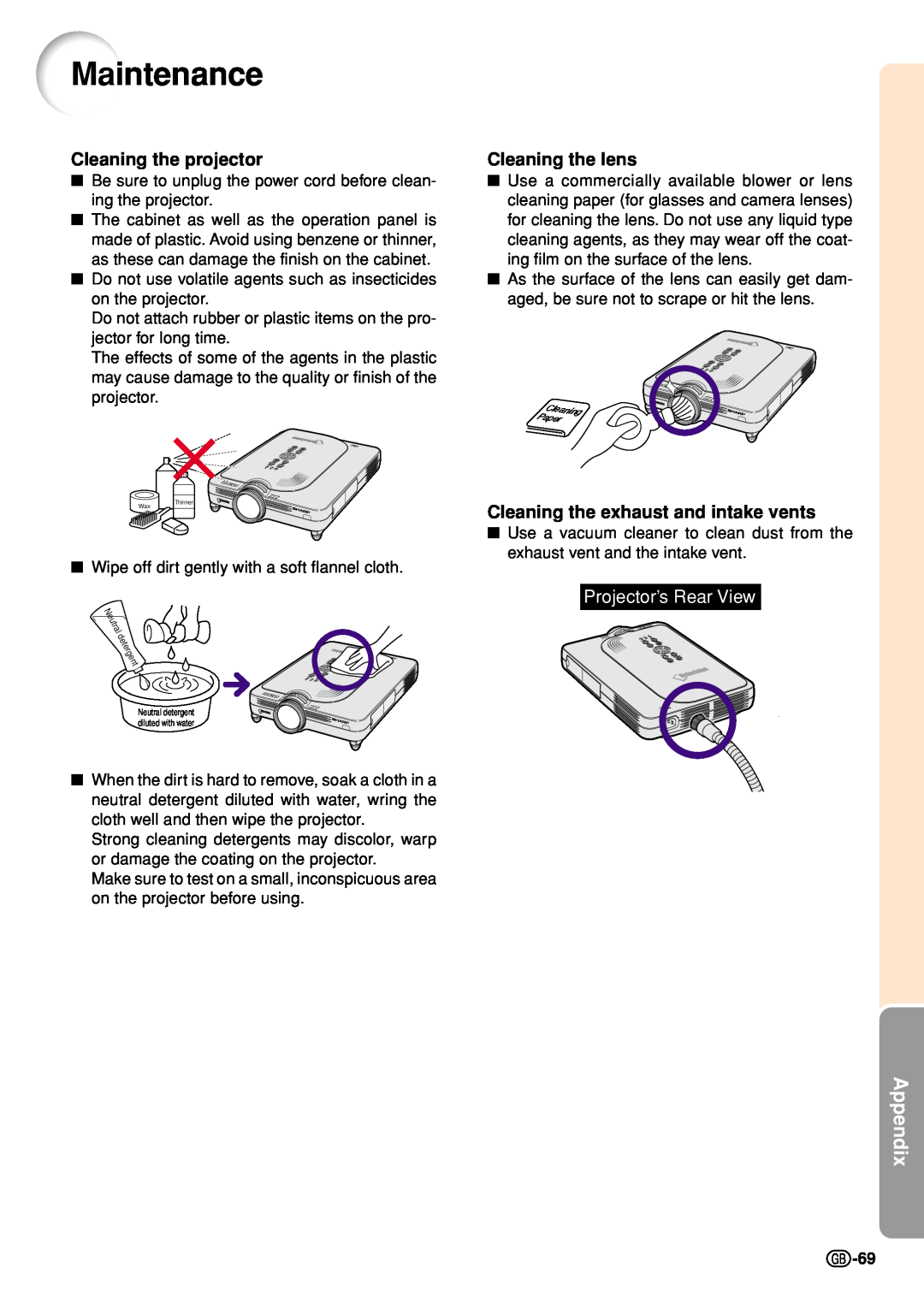 Sharp PG-M20S Maintenance, Appendix, Cleaning the projector, Cleaning the lens, Cleaning the exhaust and intake vents 