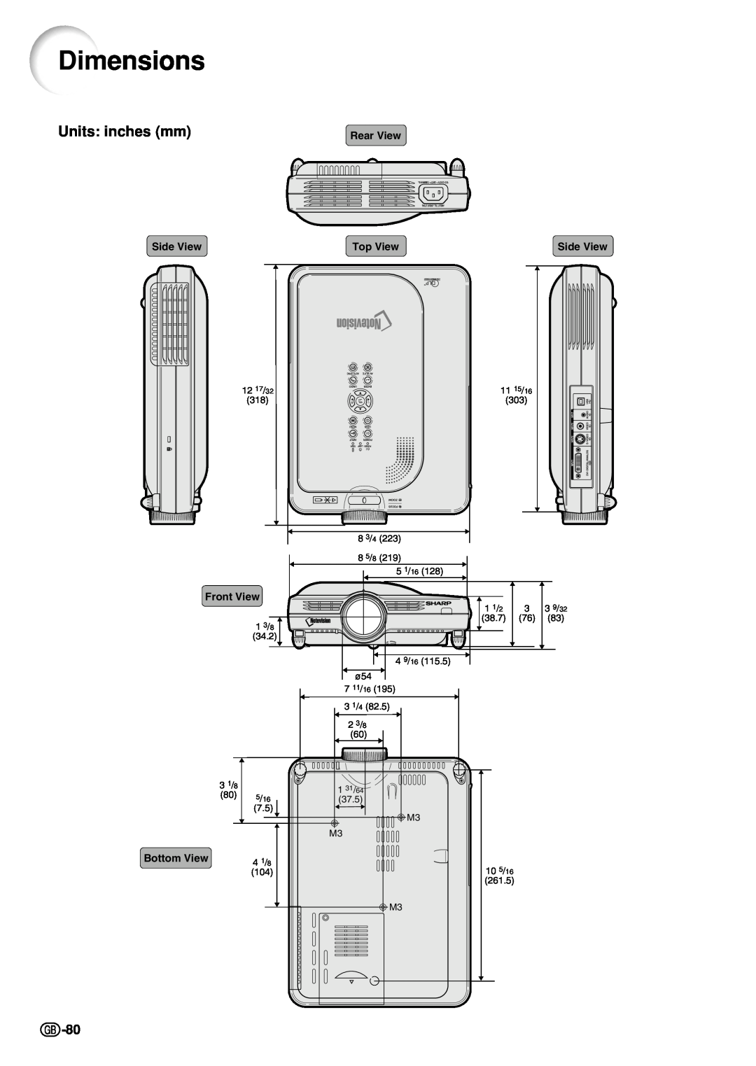 Sharp PG-M20S operation manual Dimensions, Rear View, Side View, Top View, Front View, Bottom View 