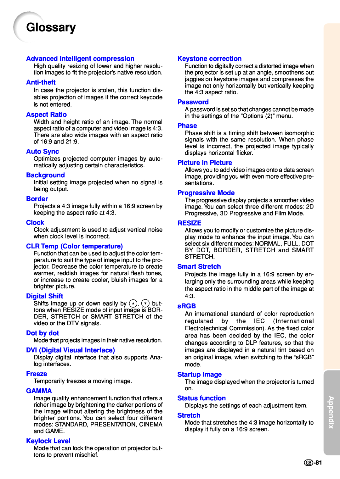 Sharp PG-M20S operation manual Glossary, Appendix 