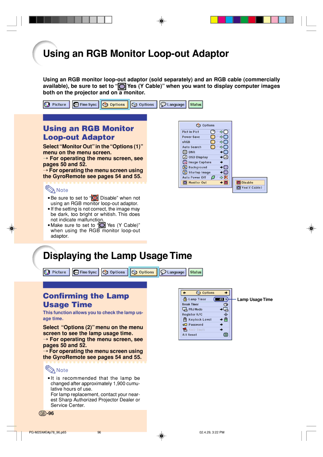 Sharp PG-M25X Using an RGB Monitor Loop-out Adaptor, Displaying the Lamp Usage Time, Confirming the Lamp Usage Time 