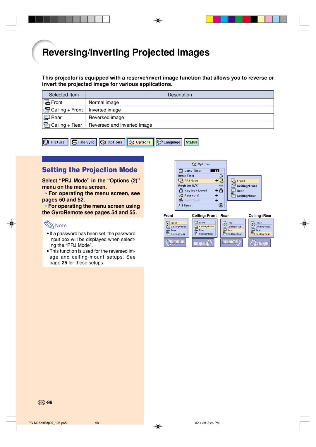 Sharp PG-M25X operation manual Reversing/Inverting Projected Images, Setting the Projection Mode 