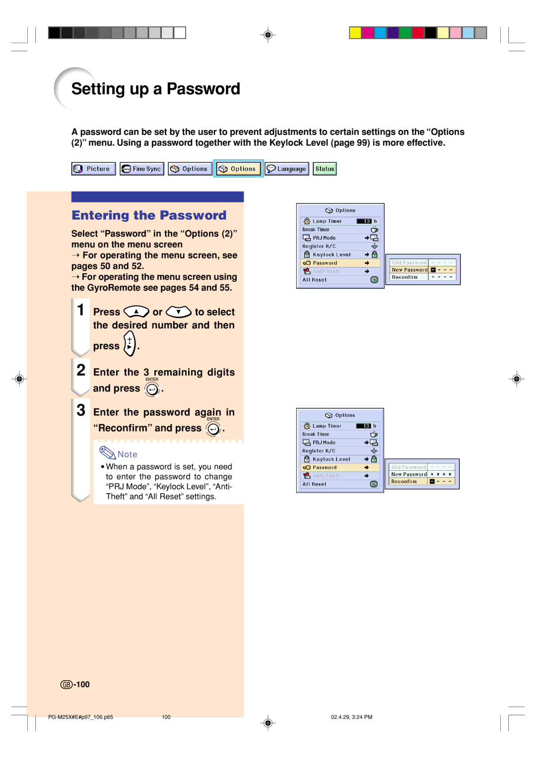 Sharp PG-M25X operation manual Setting up a Password, Entering the Password, 100 