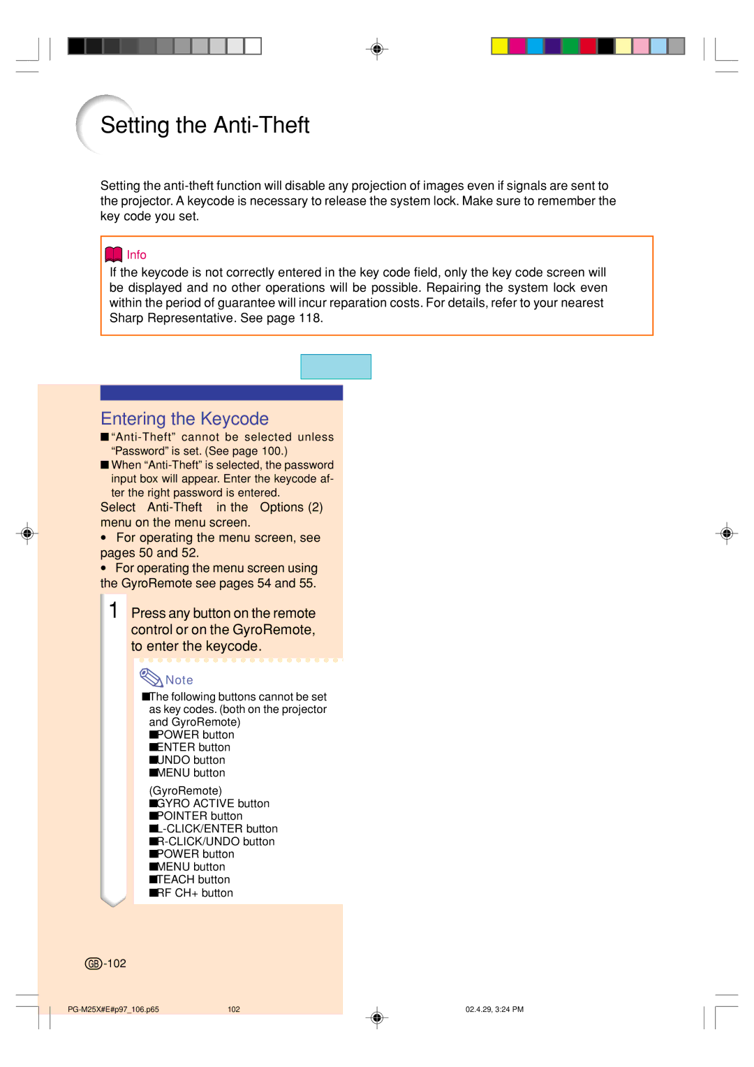 Sharp PG-M25X operation manual Setting the Anti-Theft, Entering the Keycode, 102 