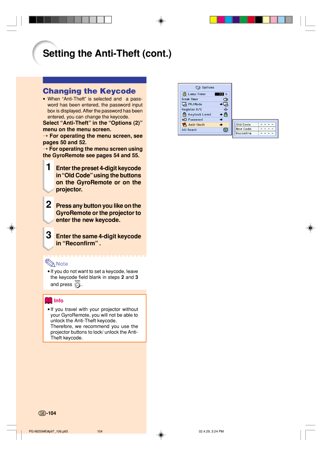 Sharp PG-M25X operation manual Changing the Keycode, Enter the same 4-digit keycode in Reconfirm, 104 