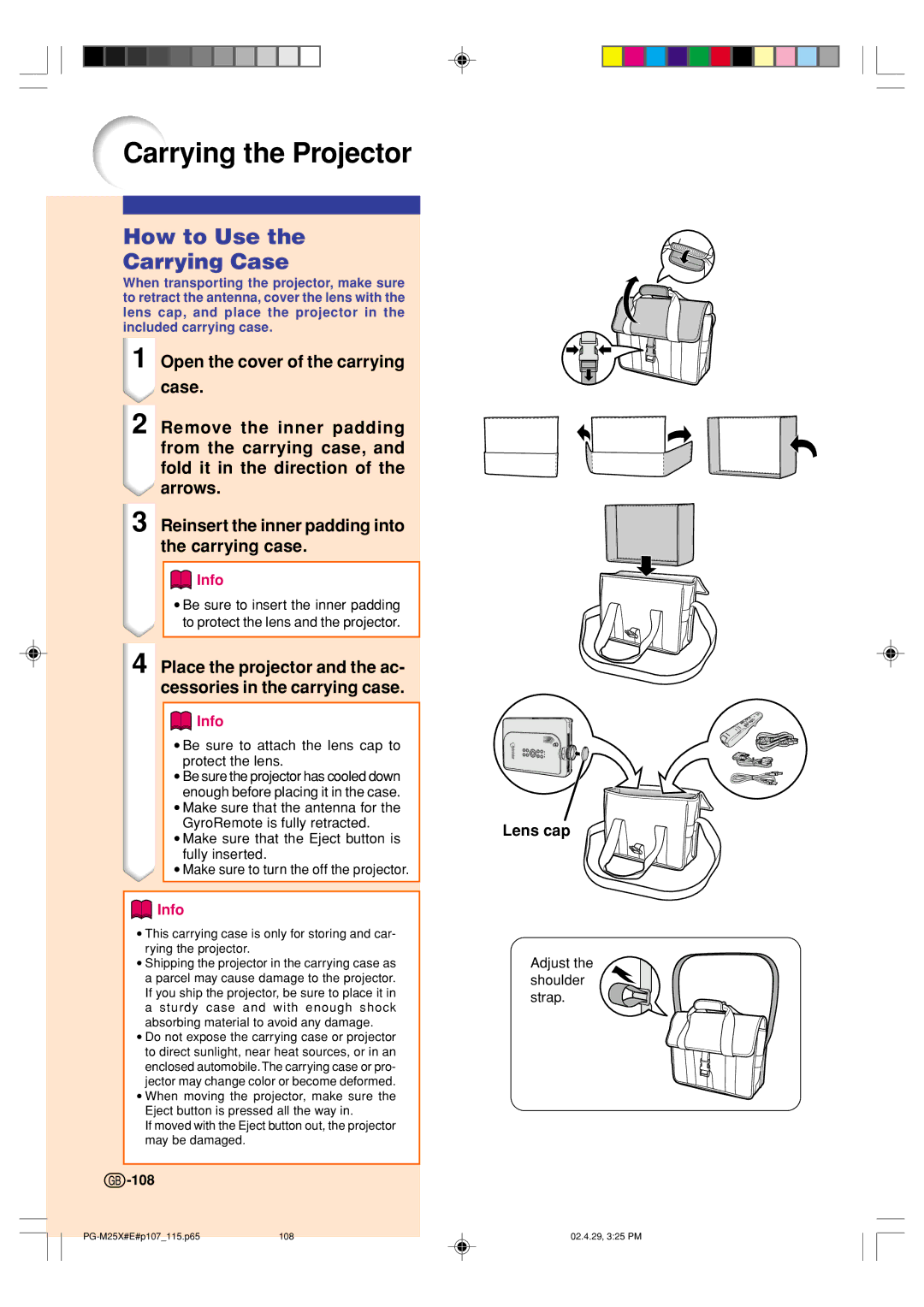 Sharp PG-M25X operation manual Carrying the Projector, How to Use Carrying Case, Lens cap, 108 