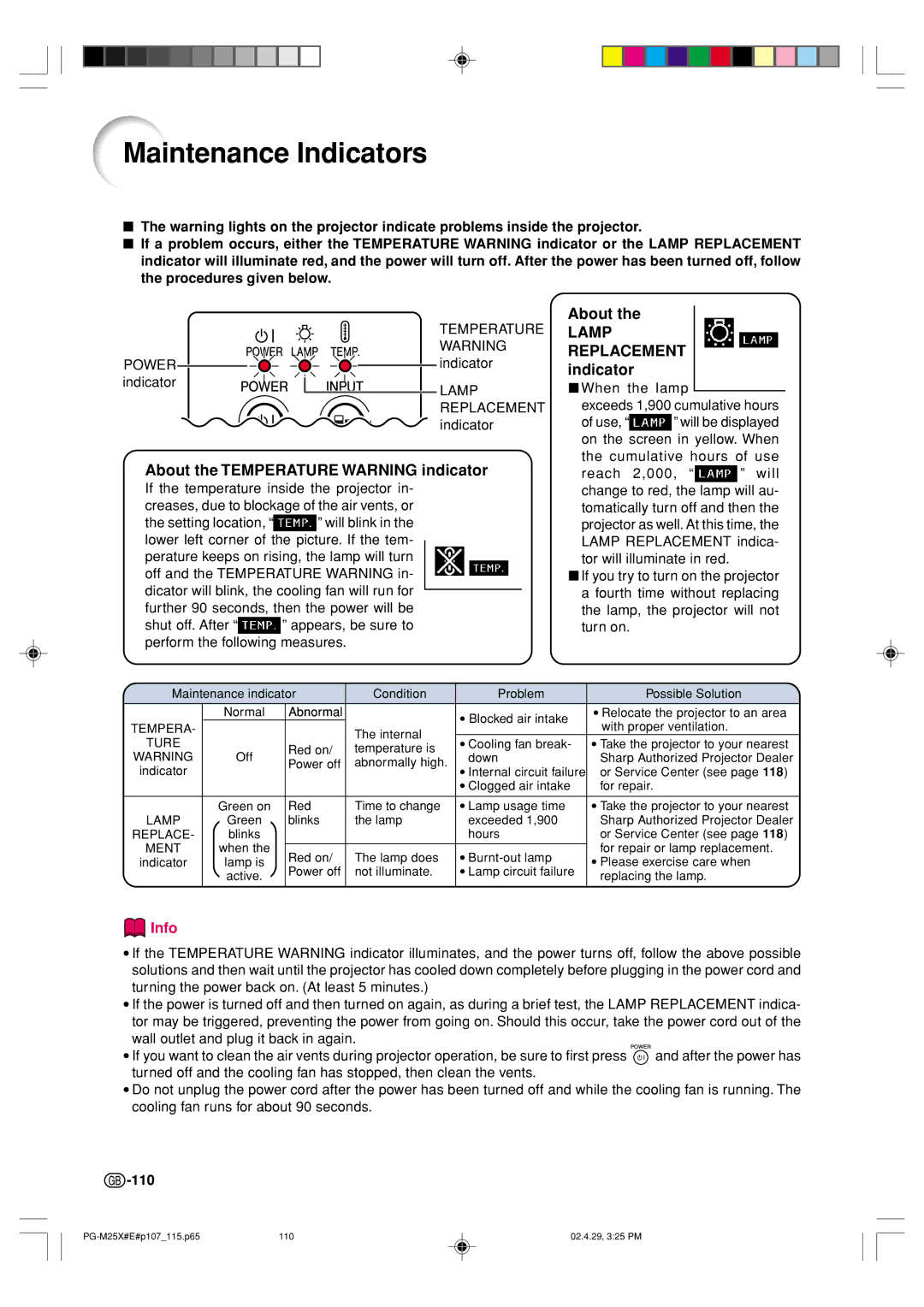 Sharp PG-M25X Maintenance Indicators, About the Temperature Warning indicator, About Lamp Replacement indicator, 110 