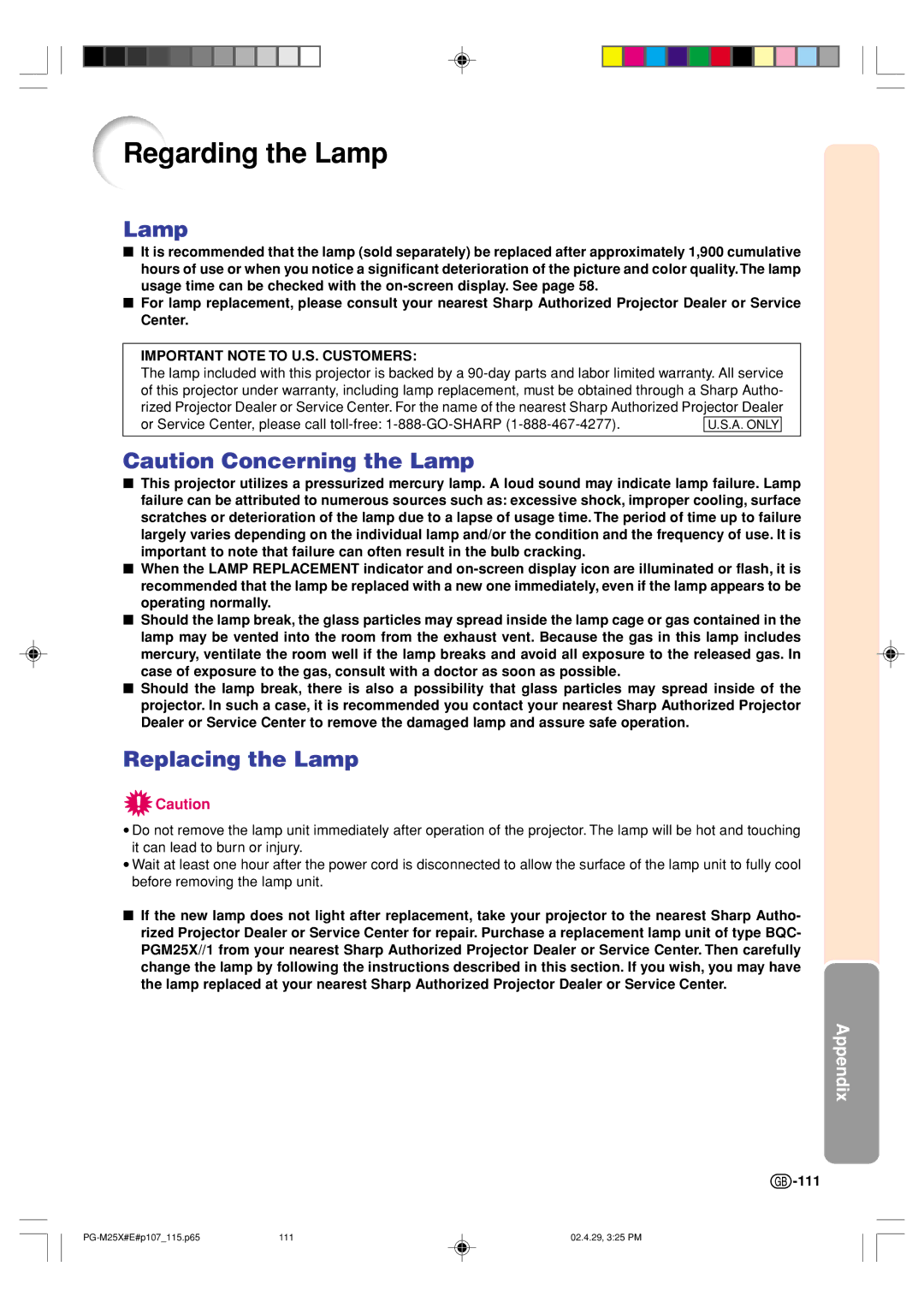 Sharp PG-M25X operation manual Regarding the Lamp, Replacing the Lamp, 111 