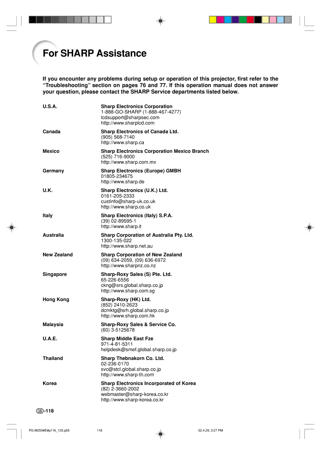 Sharp PG-M25X operation manual For Sharp Assistance 