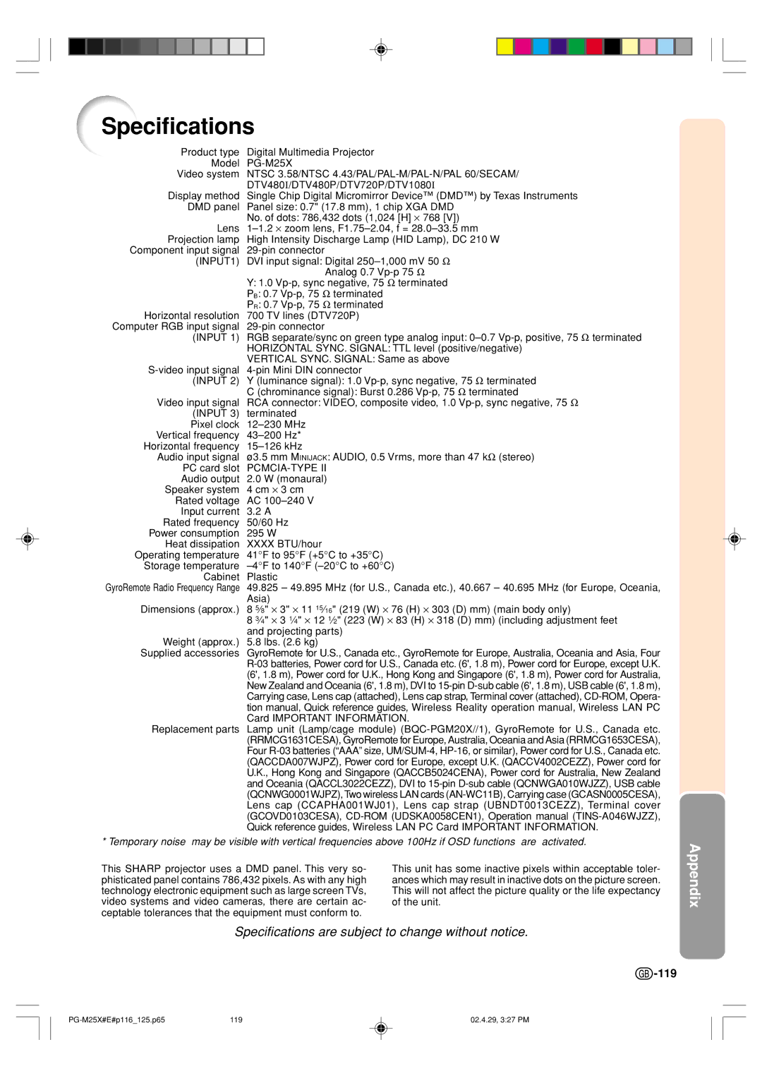 Sharp PG-M25X operation manual Specifications, 119 