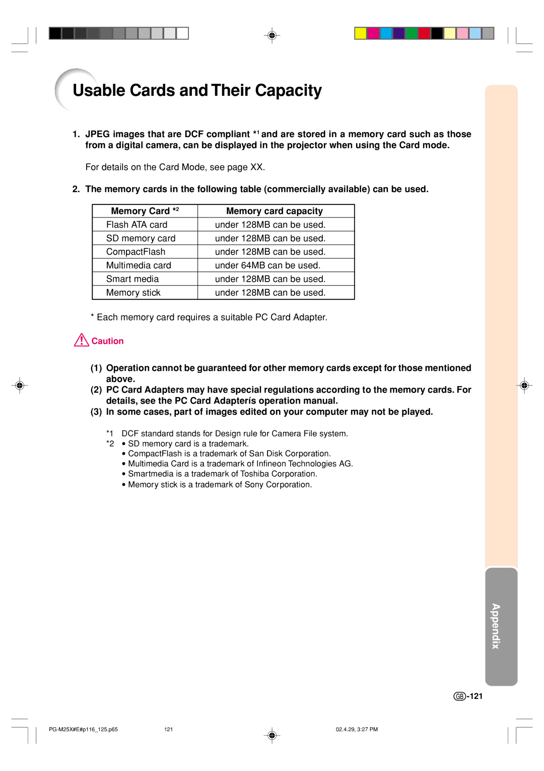 Sharp PG-M25X operation manual Usable Cards and Their Capacity, 121 