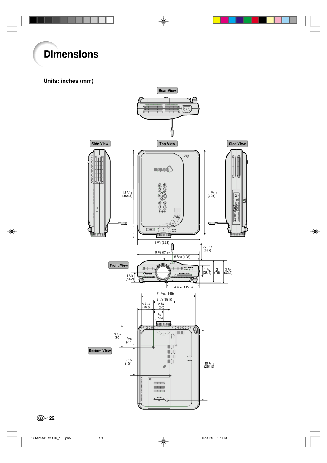 Sharp PG-M25X operation manual Dimensions, Units inches mm 