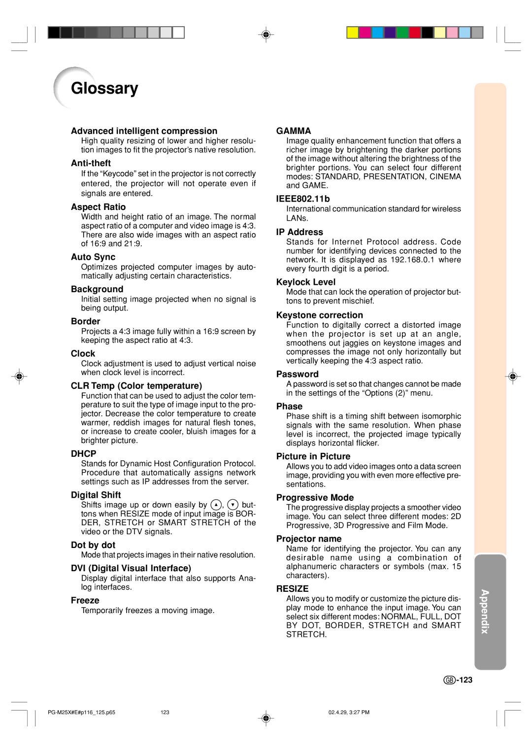 Sharp PG-M25X operation manual Glossary 