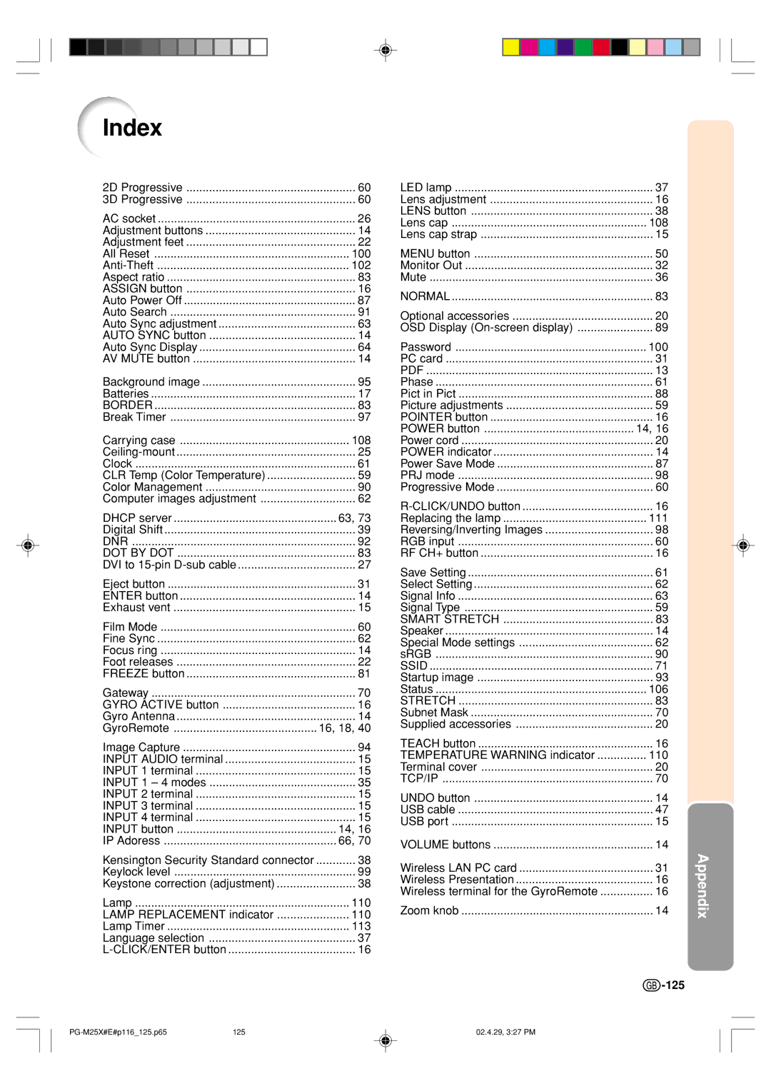 Sharp PG-M25X operation manual Index, 102 