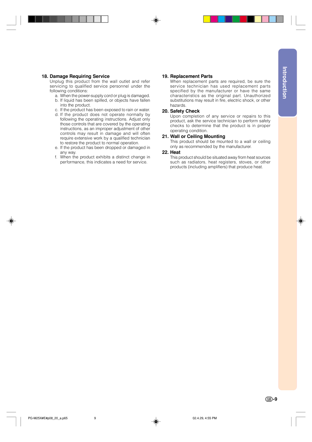 Sharp PG-M25X operation manual Damage Requiring Service, Replacement Parts, Safety Check, Wall or Ceiling Mounting, Heat 