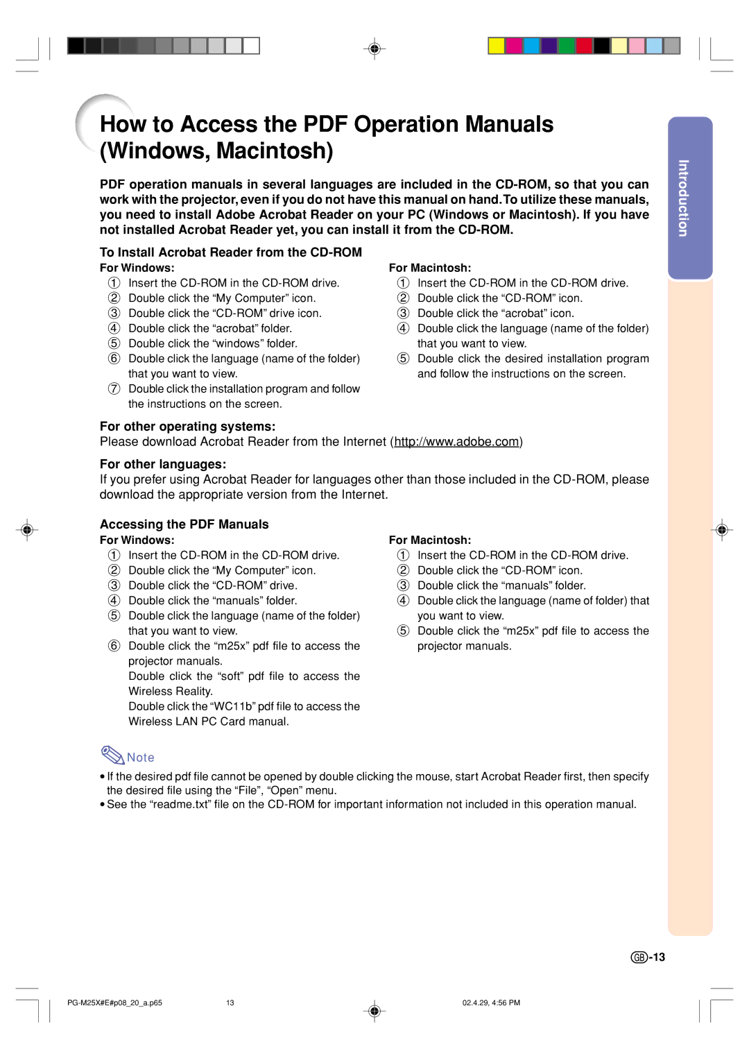 Sharp PG-M25X To Install Acrobat Reader from the CD-ROM, For other operating systems For other languages, For Windows 