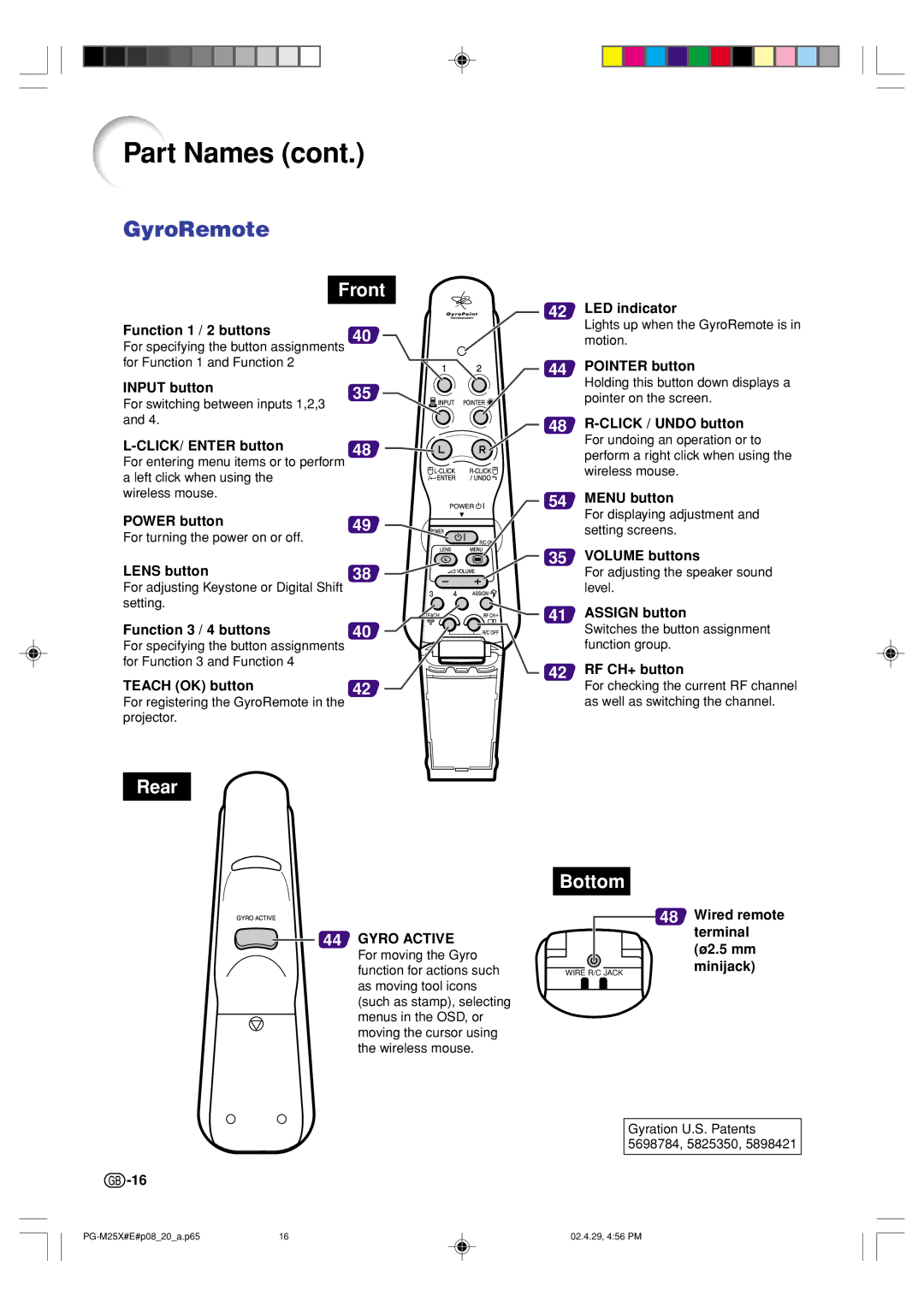 Sharp PG-M25X operation manual GyroRemote 