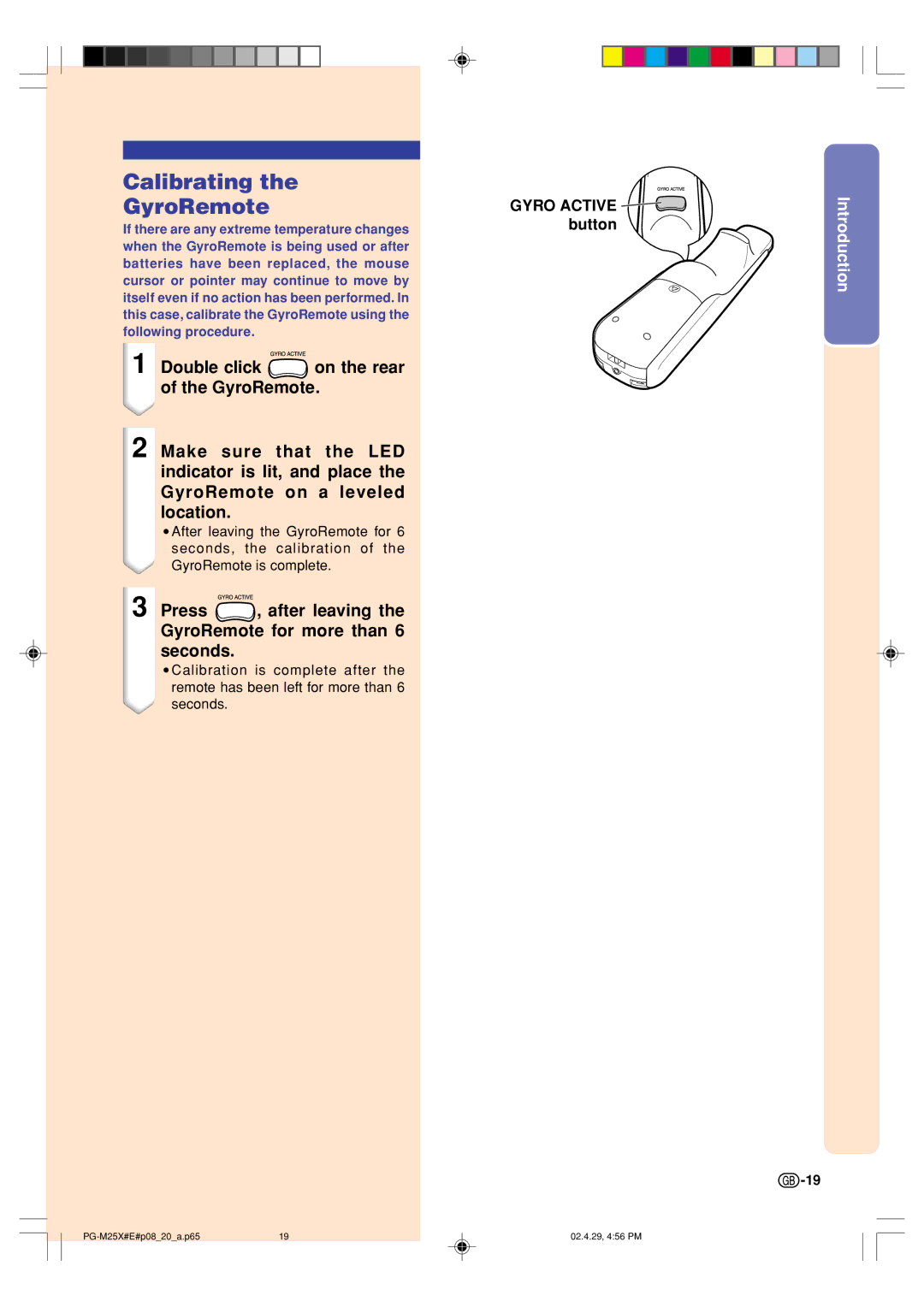 Sharp PG-M25X operation manual Calibrating GyroRemote, Button 