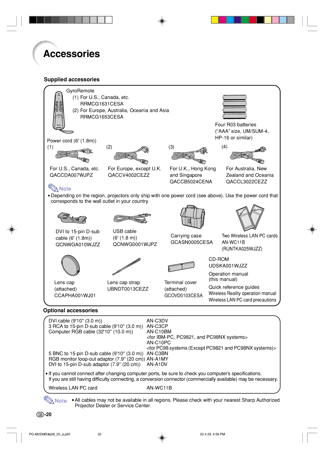 Sharp PG-M25X operation manual Accessories, Supplied accessories, Optional accessories 