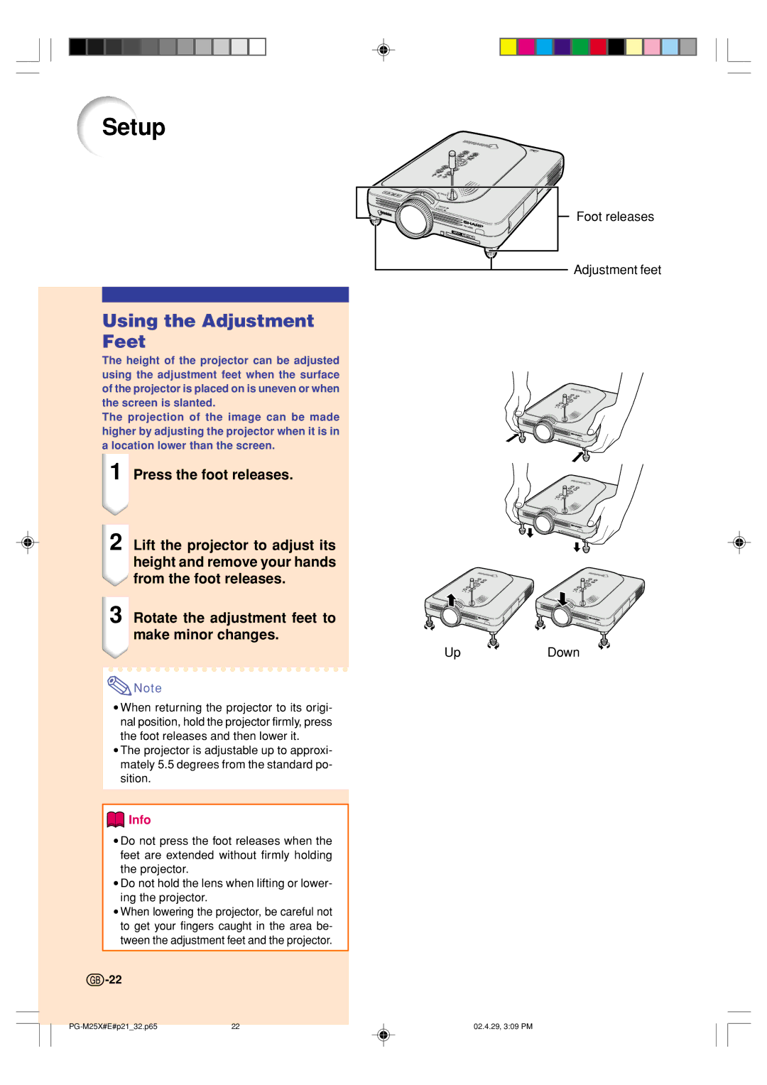 Sharp PG-M25X operation manual Setup, Using the Adjustment Feet 