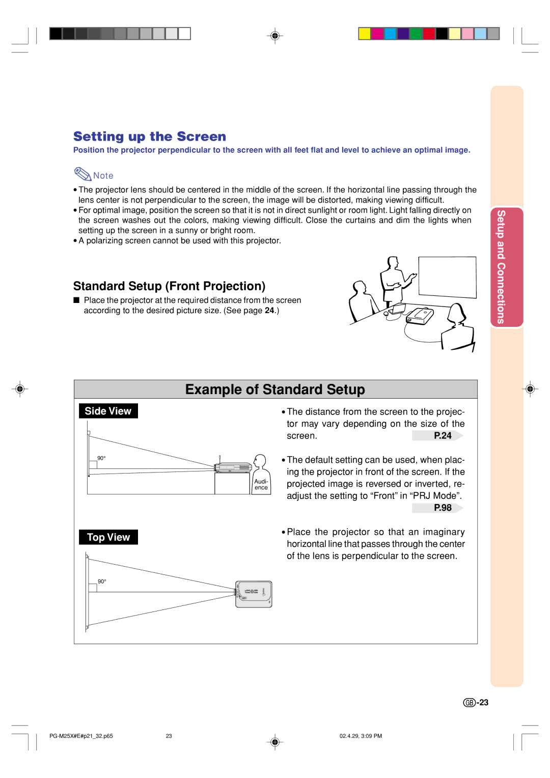 Sharp PG-M25X operation manual Setting up the Screen, Standard Setup Front Projection 