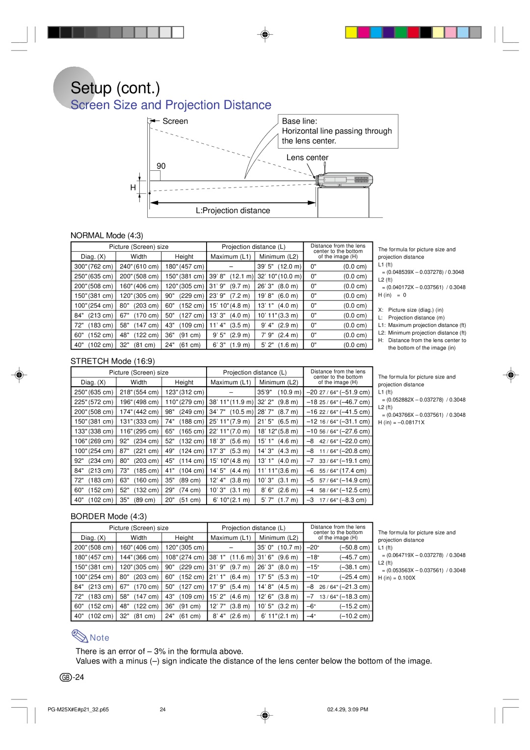 Sharp PG-M25X operation manual Screen Size and Projection Distance, Normal Mode, Stretch Mode, Border Mode 