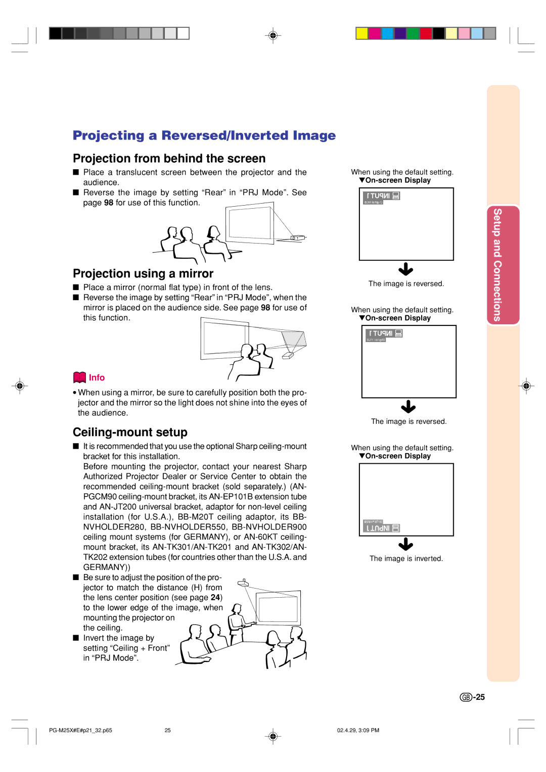 Sharp PG-M25X operation manual Projecting a Reversed/Inverted Image, Projection from behind the screen 