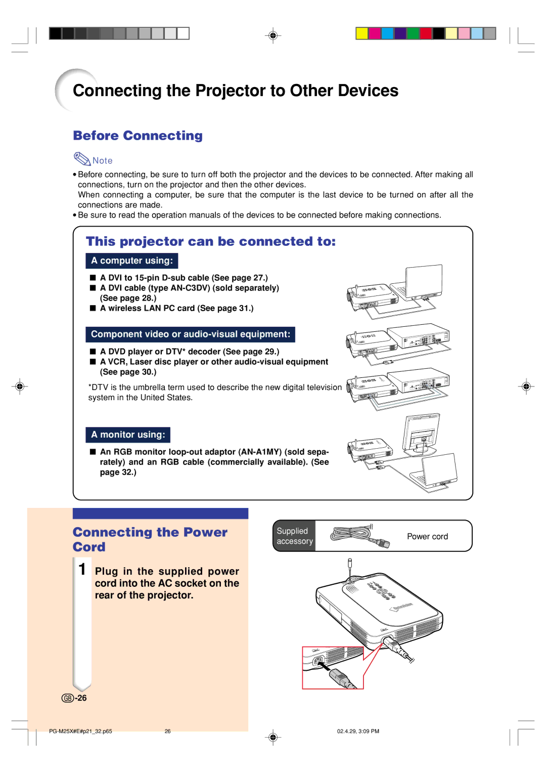 Sharp PG-M25X Connecting the Projector to Other Devices, Before Connecting, This projector can be connected to 