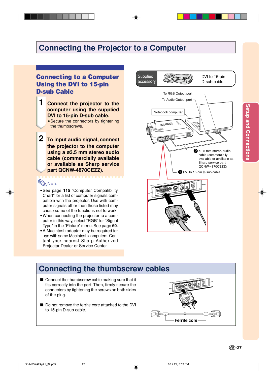 Sharp PG-M25X operation manual Connecting to a Computer Using the DVI to 15-pin D-sub Cable, Ferrite core 