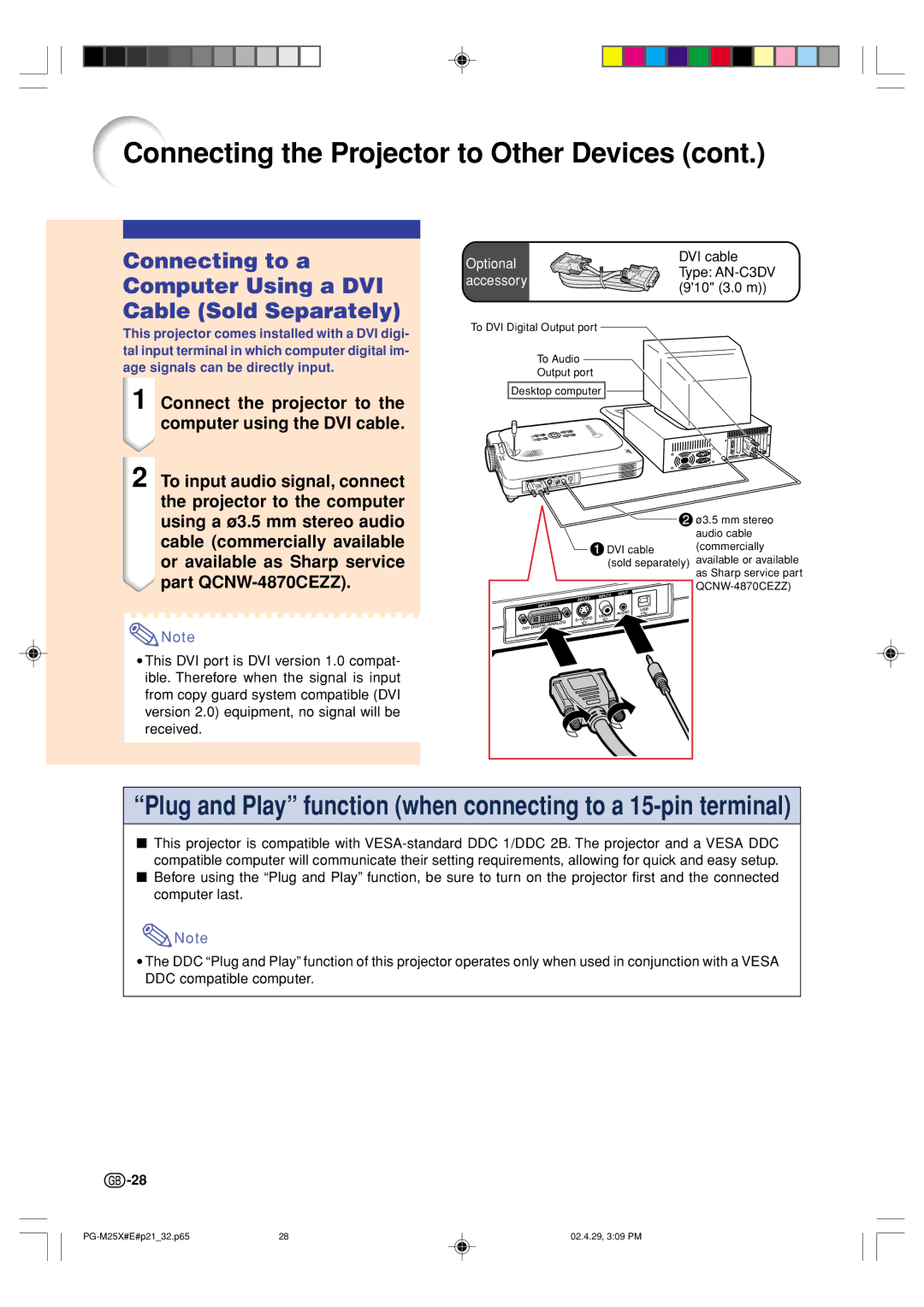 Sharp PG-M25X operation manual Connecting to a Computer Using a DVI Cable Sold Separately, 910 3.0 m 