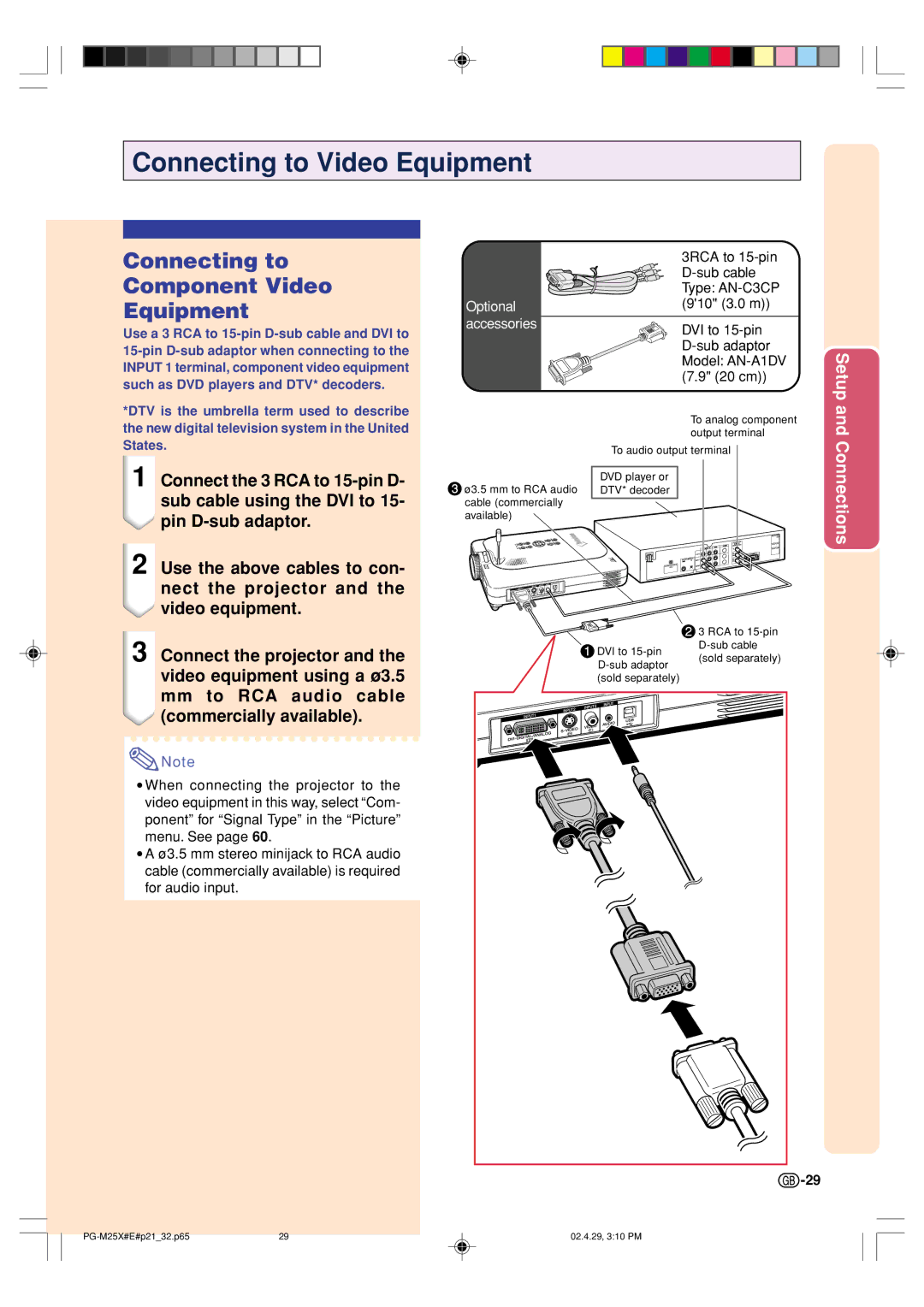 Sharp PG-M25X operation manual Connecting to Video Equipment, Connecting to Component Video Equipment 