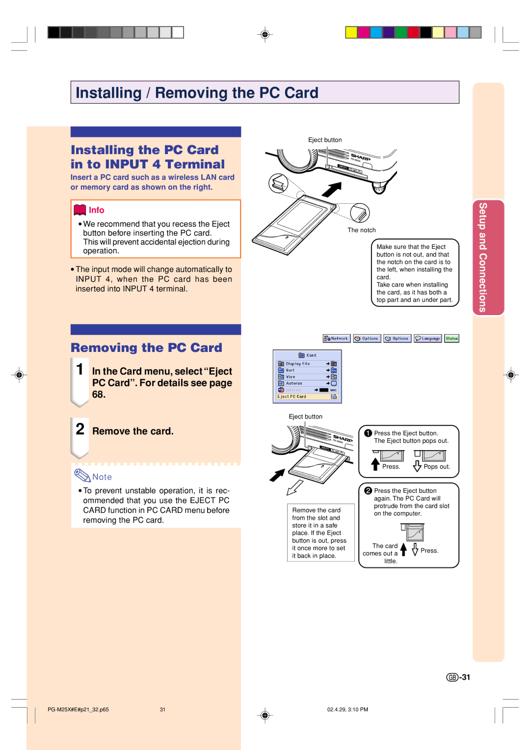 Sharp PG-M25X operation manual Installing the PC Card in to Input 4 Terminal, Removing the PC Card 