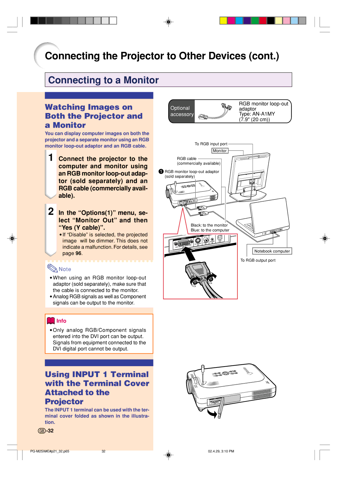 Sharp PG-M25X operation manual Connecting to a Monitor, Watching Images on Both the Projector and a Monitor 