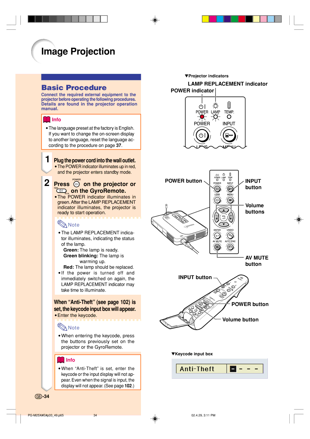 Sharp PG-M25X operation manual Image Projection, Basic Procedure, Press on the projector or on the GyroRemote 