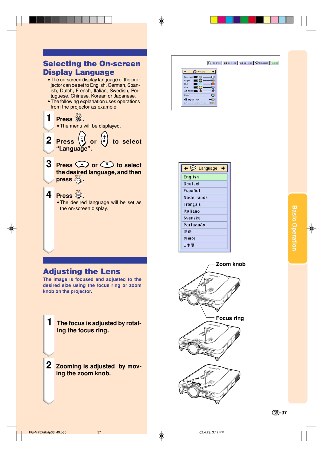 Sharp PG-M25X operation manual Selecting the On-screen Display Language, Adjusting the Lens, Press, Zoom knob Focus ring 