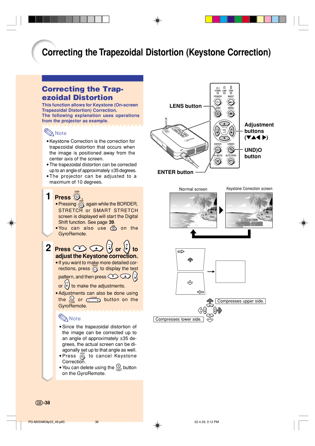 Sharp PG-M25X Correcting the Trapezoidal Distortion Keystone Correction, Correcting the Trap- ezoidal Distortion 