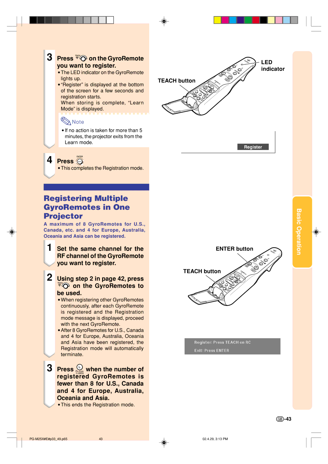 Sharp PG-M25X Registering Multiple GyroRemotes in One Projector, Using in page 42, press on the GyroRemotes to Be used 