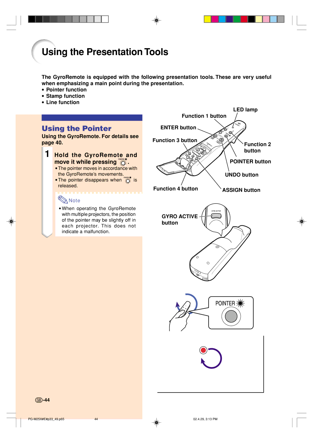 Sharp PG-M25X operation manual Using the Presentation Tools, Using the Pointer, Hold the GyroRemote Move it while pressing 