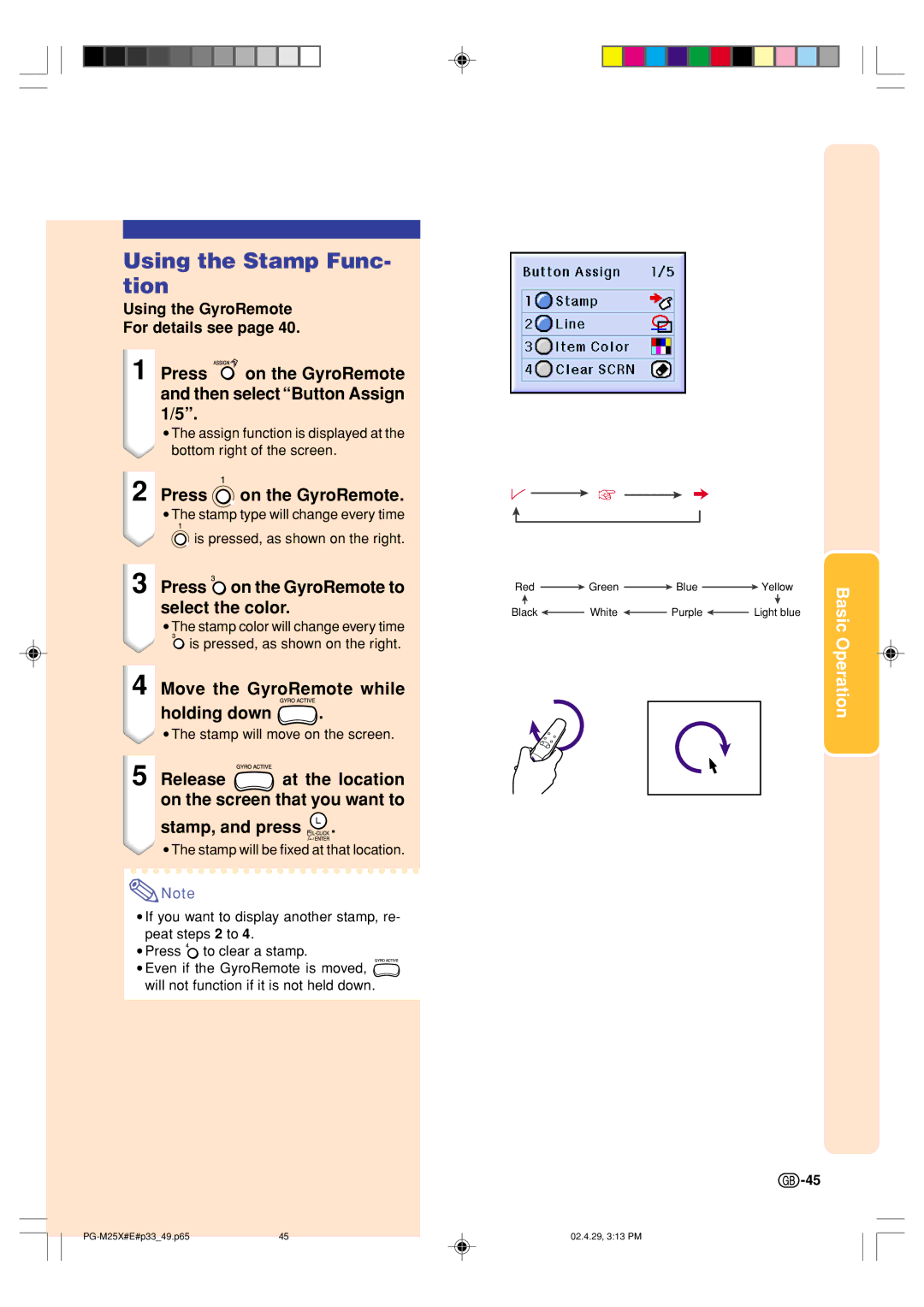 Sharp PG-M25X operation manual Using the Stamp Func- tion, Press on the GyroRemote and then select Button Assign 1/5 