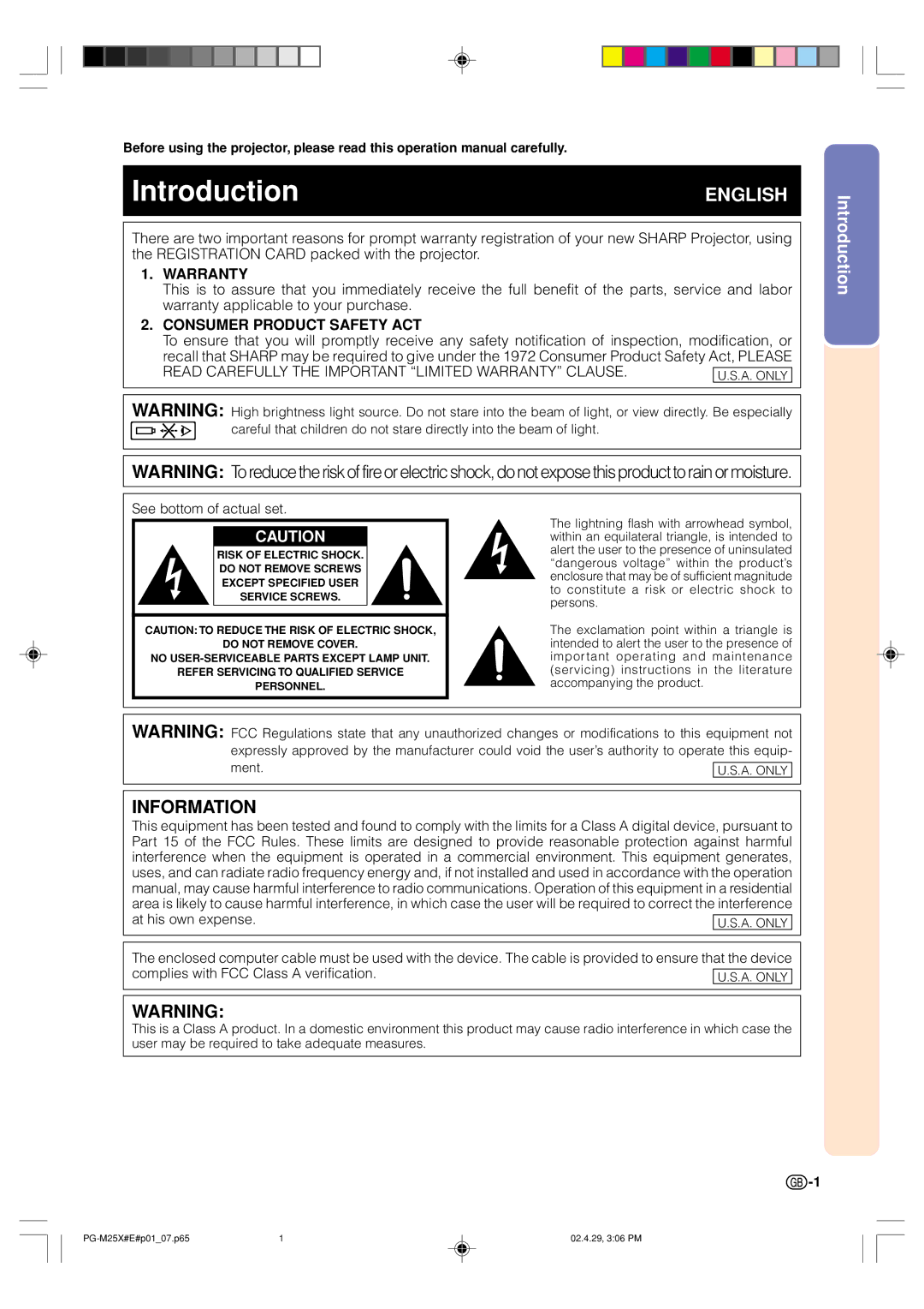 Sharp PG-M25X operation manual Introduction 