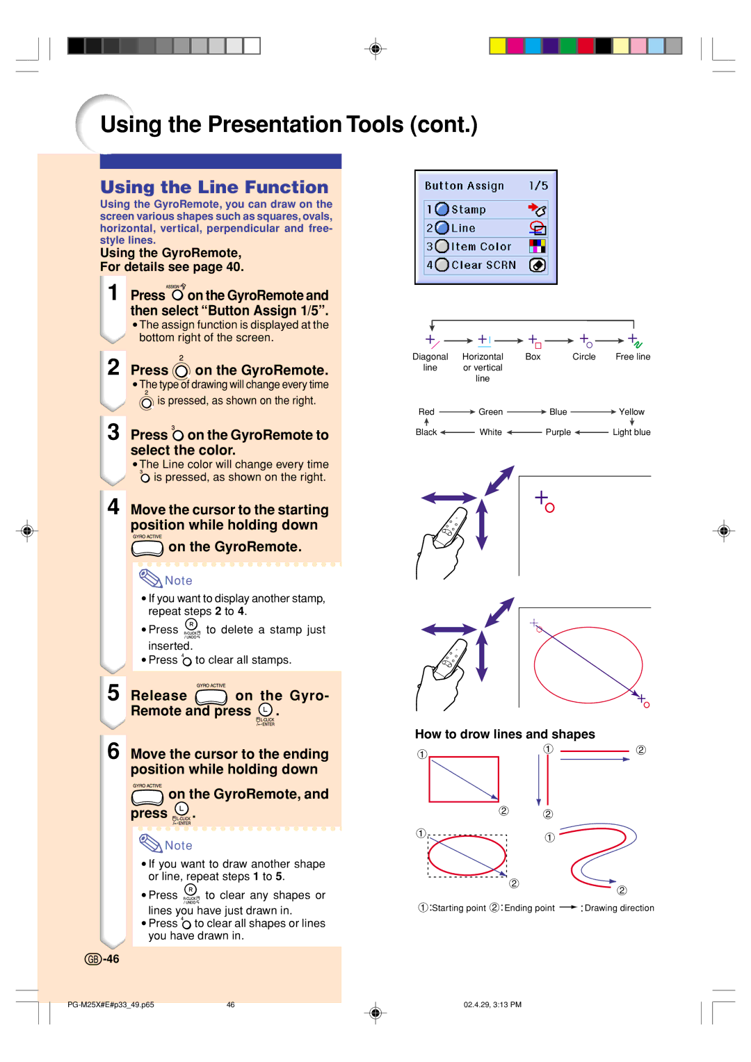 Sharp PG-M25X operation manual Using the Line Function, How to drow lines and shapes 