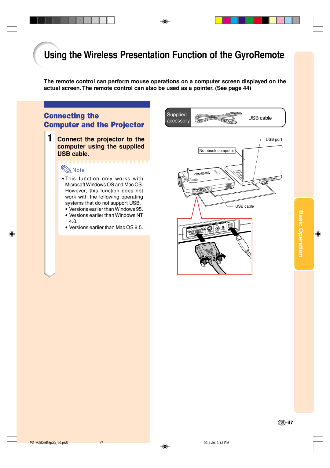 Sharp PG-M25X operation manual Connecting, Computer and the Projector 