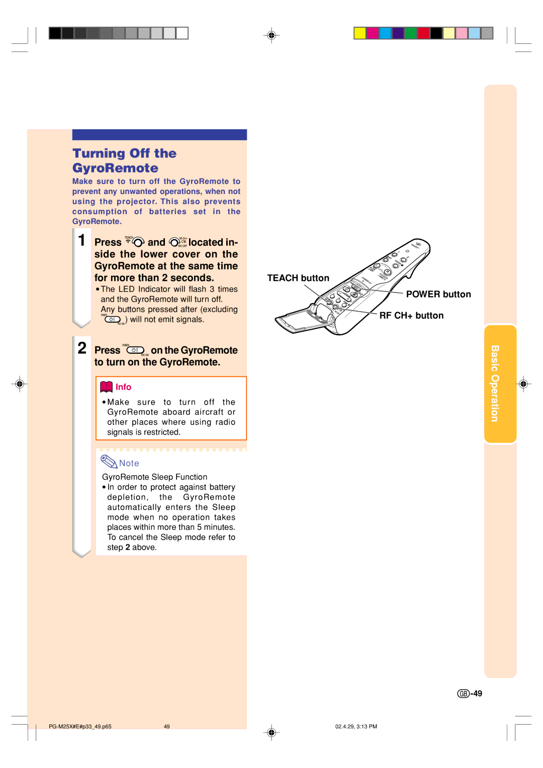 Sharp PG-M25X operation manual Turning Off GyroRemote, Press on the GyroRemote To turn on the GyroRemote 