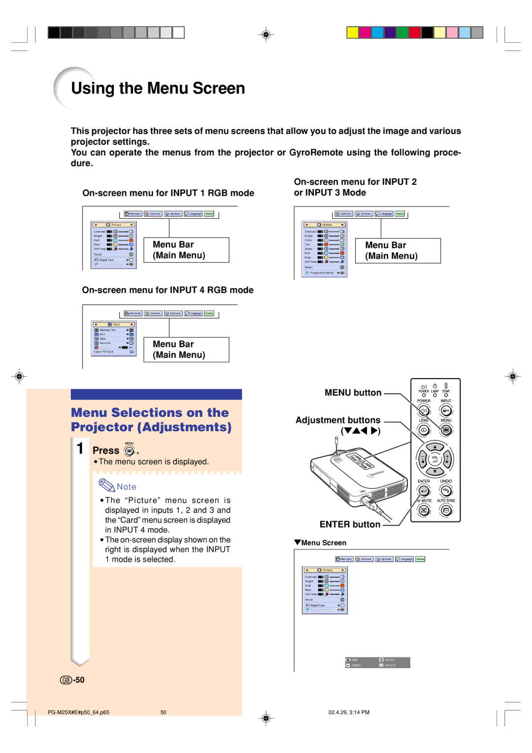 Sharp PG-M25X operation manual Using the Menu Screen, Menu Selections on the Projector Adjustments 