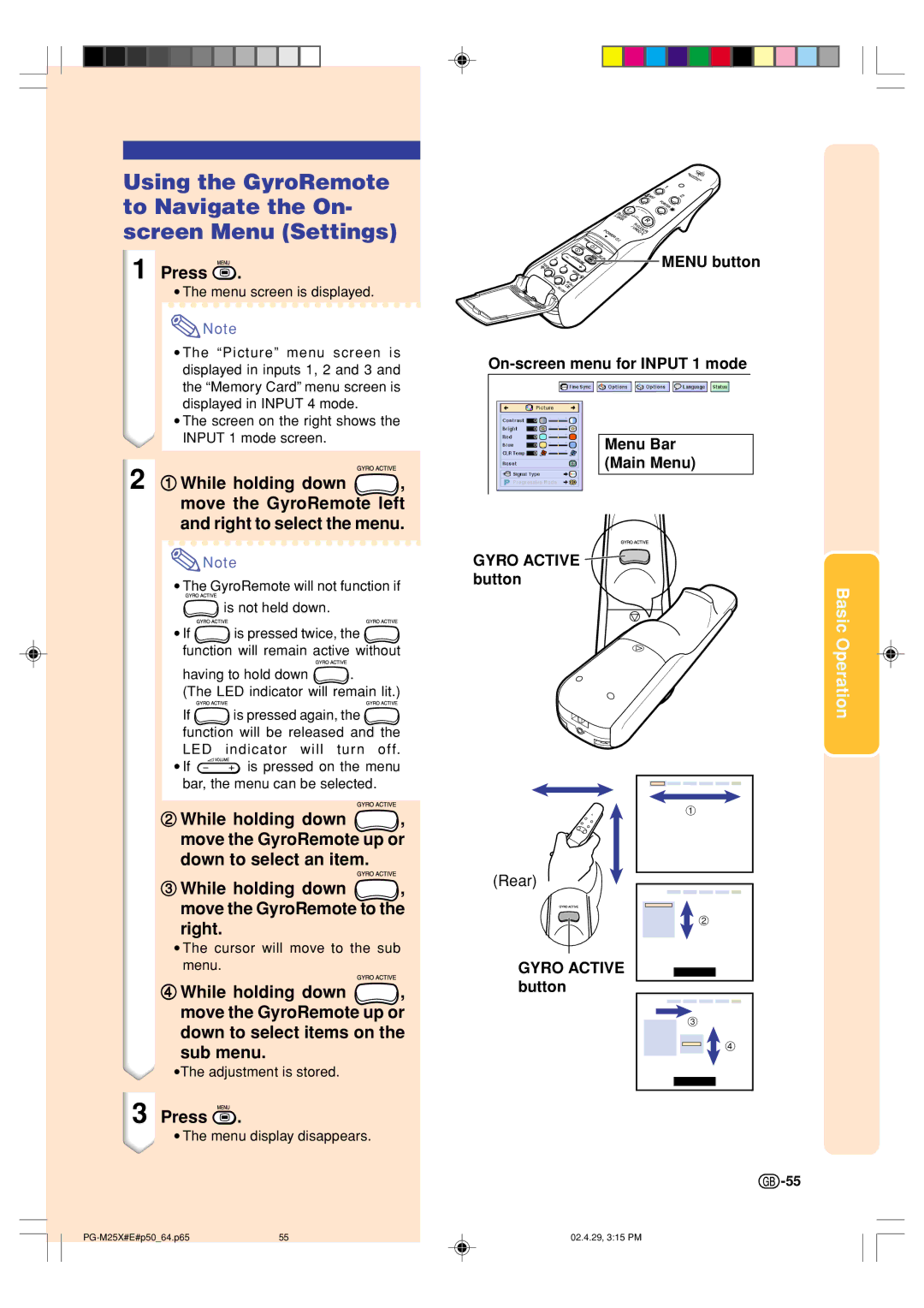 Sharp PG-M25X operation manual Right, Sub menu, While holding down , move the GyroRemote to 