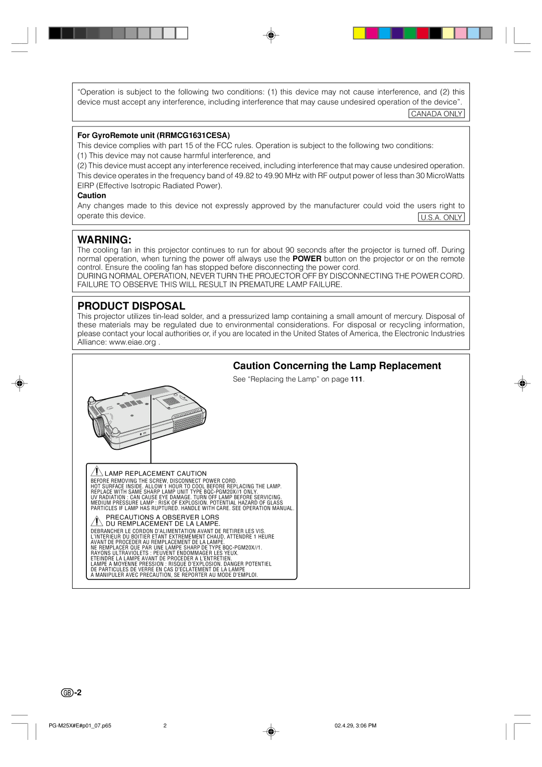 Sharp PG-M25X operation manual Product Disposal 