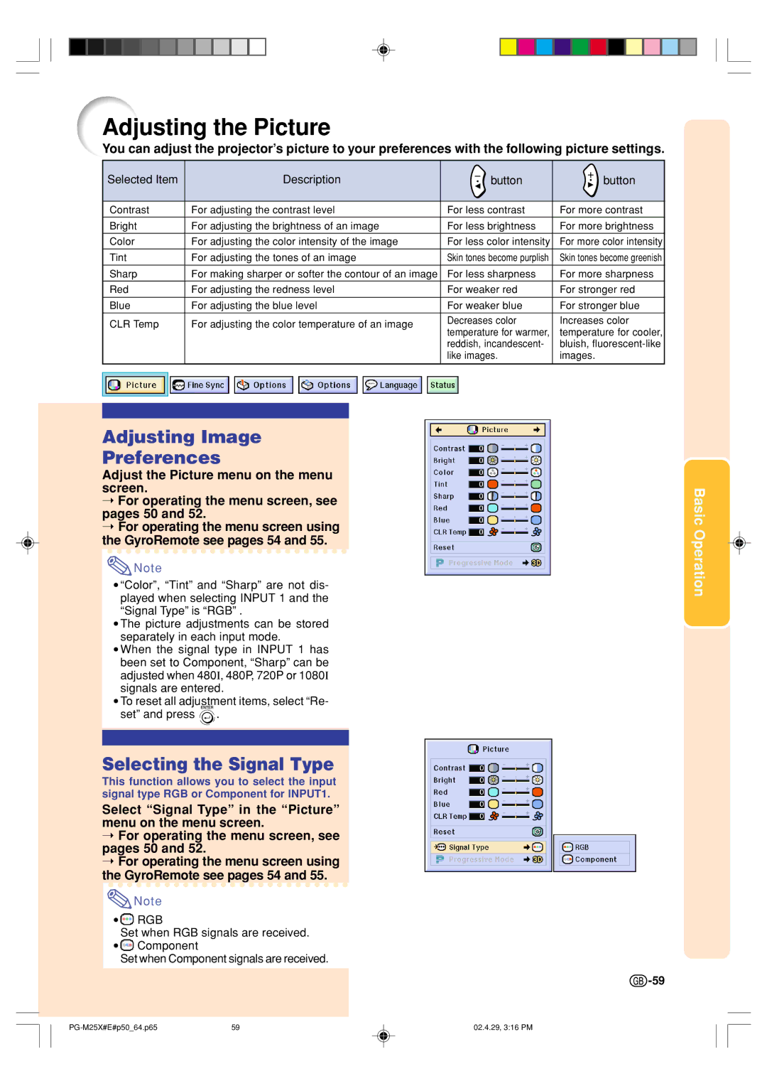 Sharp PG-M25X operation manual Adjusting the Picture, Adjusting Image Preferences, Selecting the Signal Type 