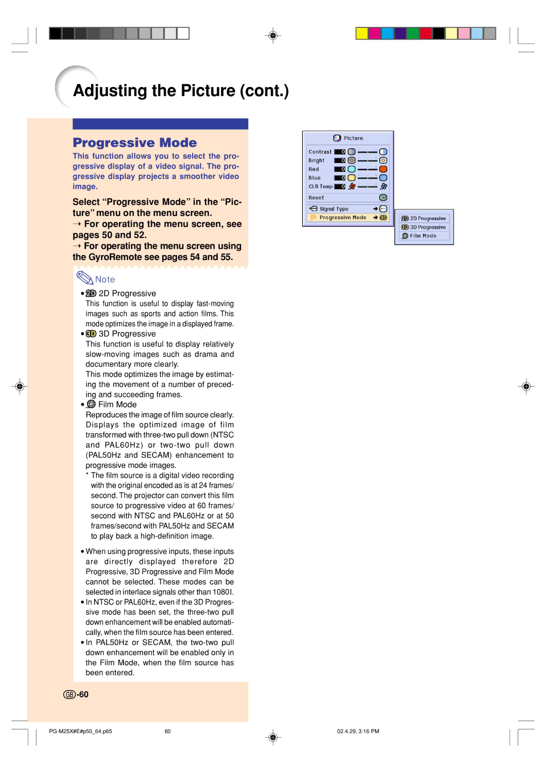 Sharp PG-M25X operation manual Progressive Mode, 2D Progressive 