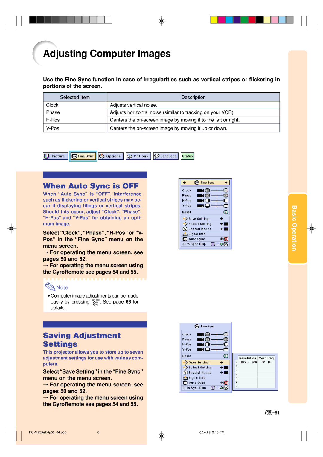 Sharp PG-M25X operation manual Adjusting Computer Images, When Auto Sync is OFF, Saving Adjustment Settings 